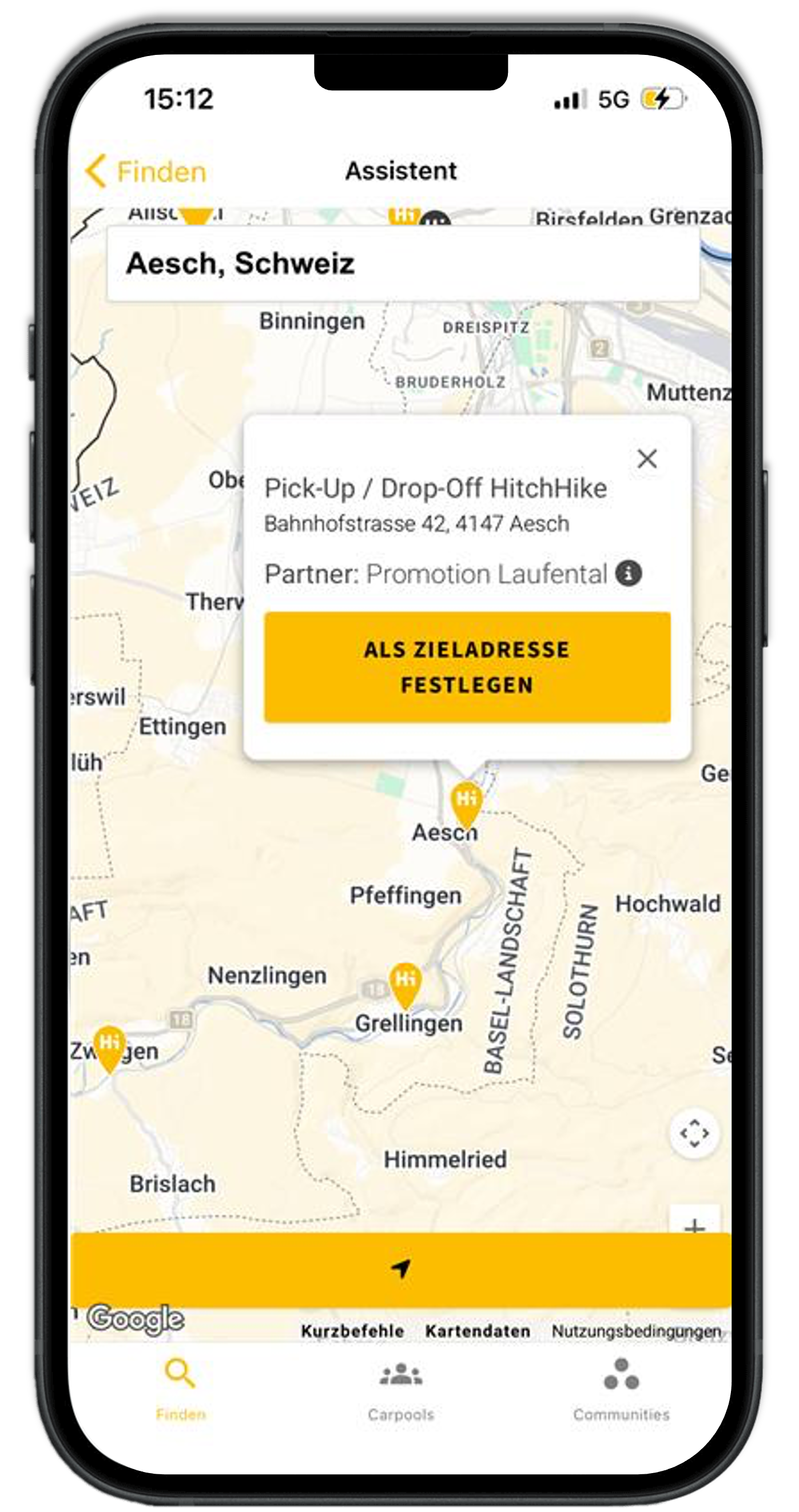 HitchHike App Mobile Map Laufental Basel Land