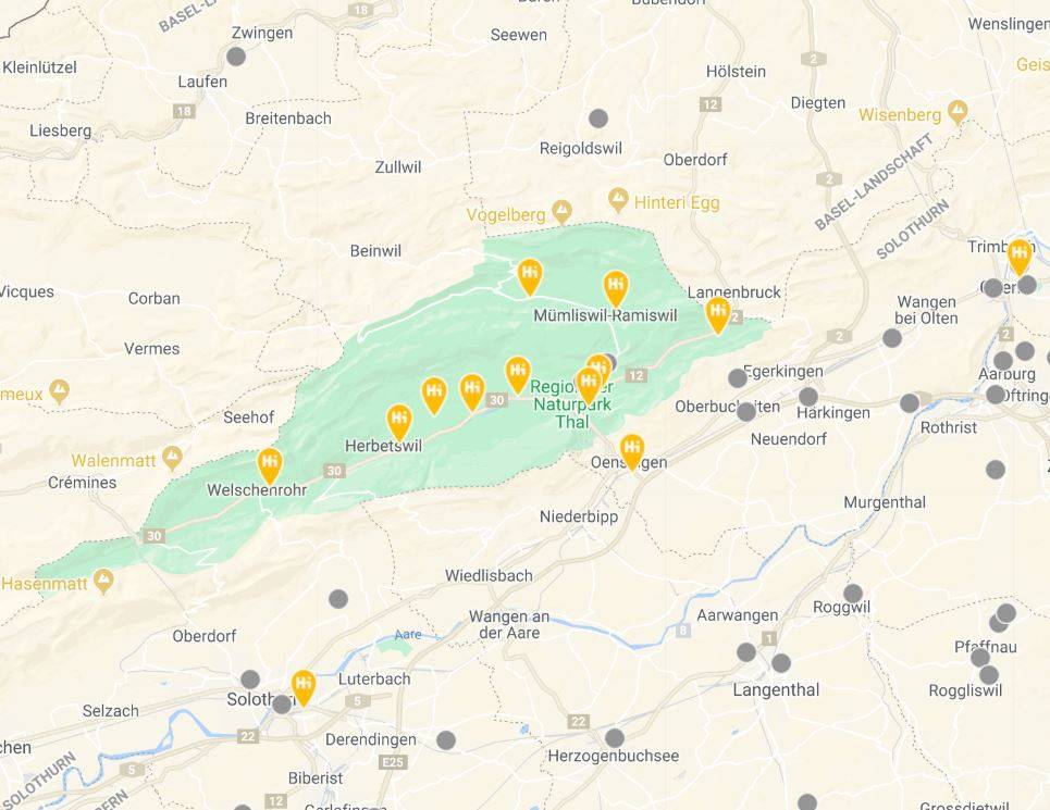 Diese Karte zeigt alle Mitfahrpunkte rund um den Naturpark Thal.
